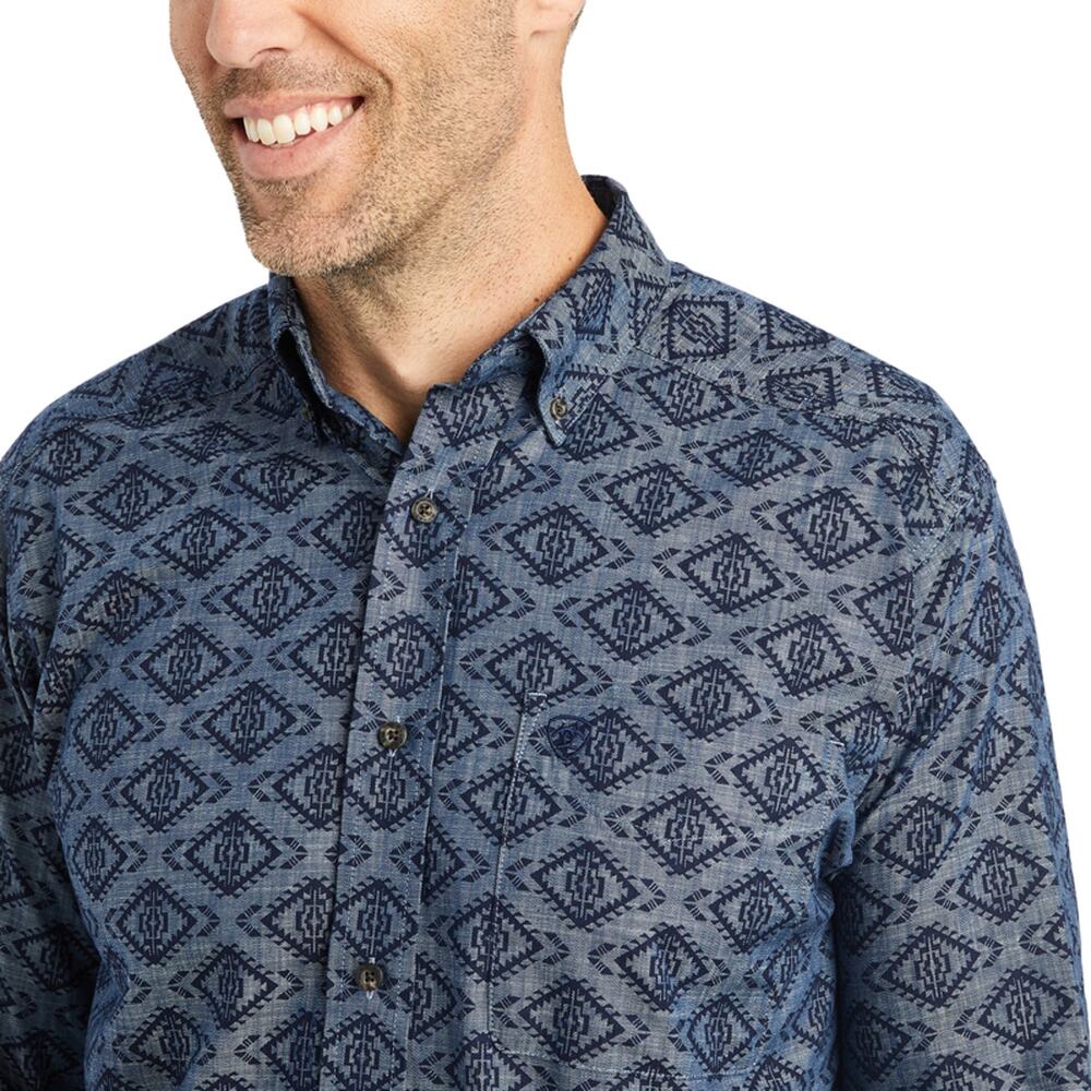 Ariat Men's Keanu Classic Fit Shirt Long Sleeve Western Chambray Blue Size Large